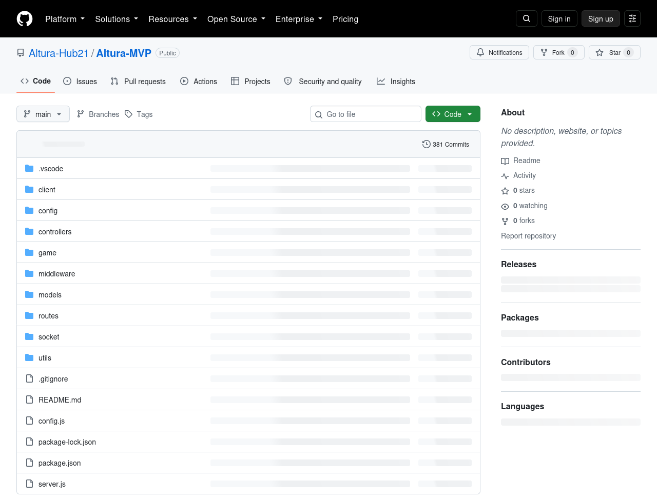 GitHub page of the Altura-Hub21/Altura-MVP repository: 381 commits, a .vscode folder at the top of the list, no star, no description