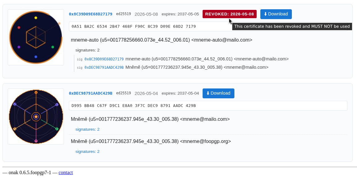 Searching 'mneme' on keys.foopgp.org — two keys returned, two-column layout