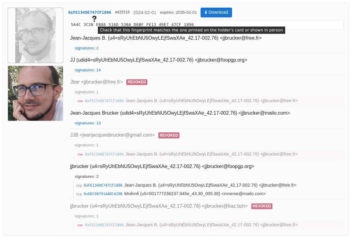 Detailed op=vindex view of a key, with signatures and revoked UIDs