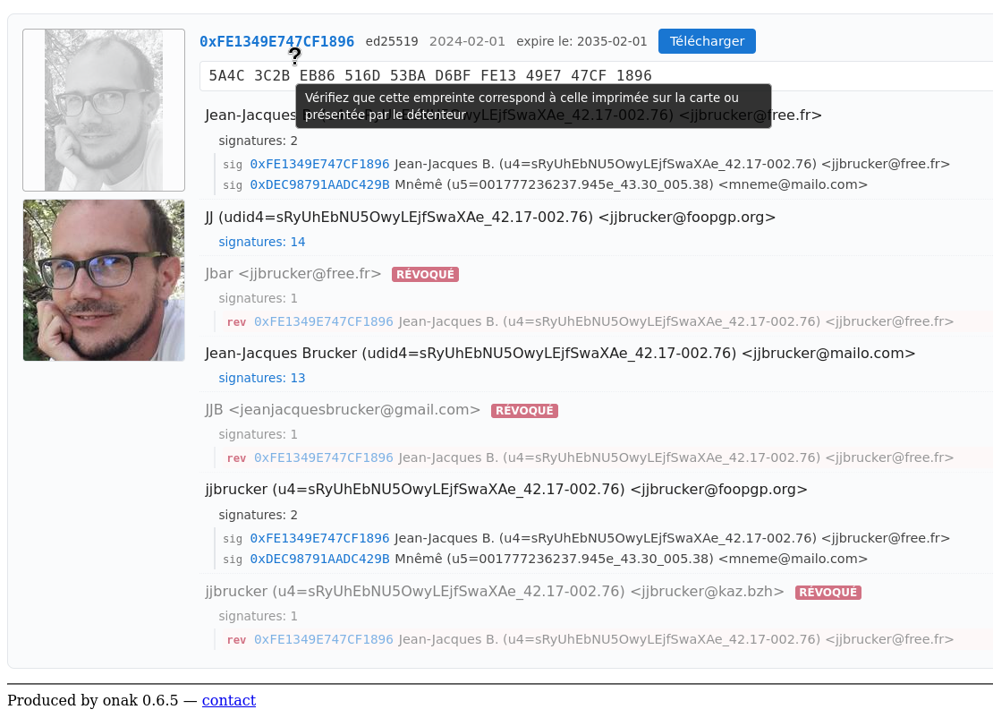 Vue détaillée op=vindex d'une clé, avec signatures et UIDs révoqués