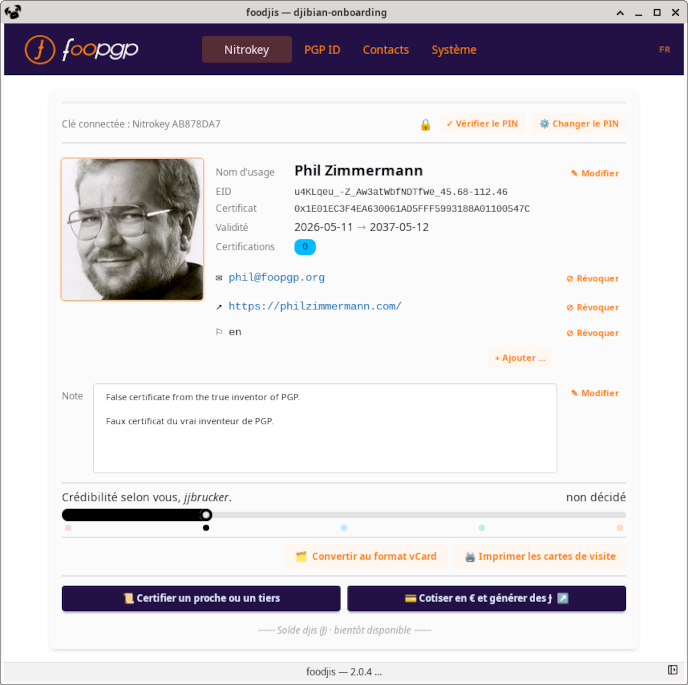 Carte d’identité PGP ID affichée par foodjis (djibian-onboarding)